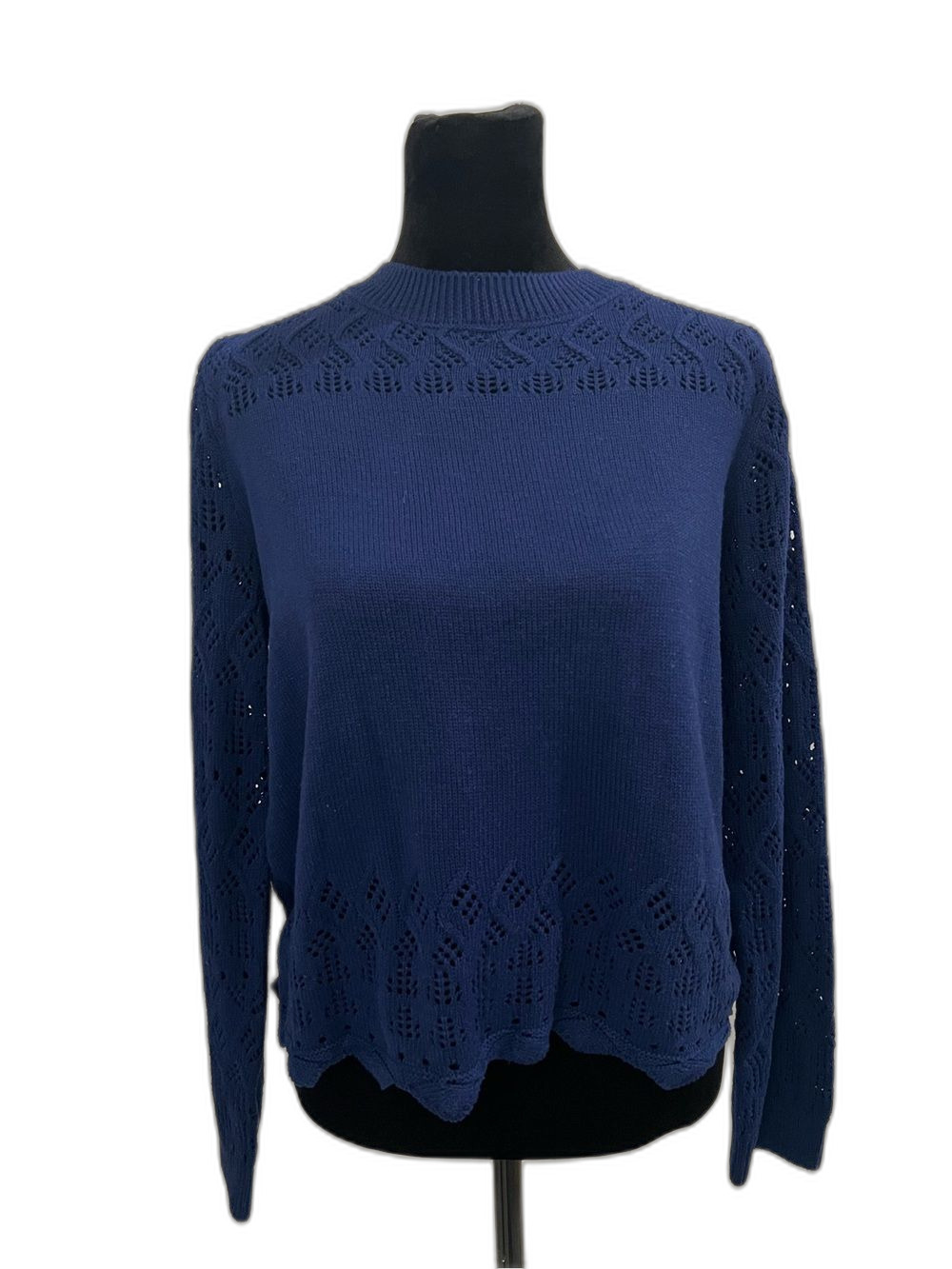 Nine West Jeans Navy Blue Open Knit Sweater Size M Scalloped Hem